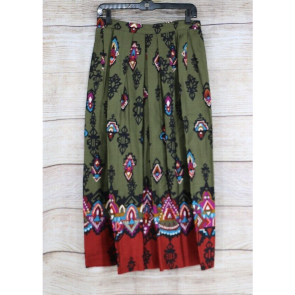 VINTAGE Blake by Devon Womens Size 14 Pleated Midi Skirt Olive Green Navajo